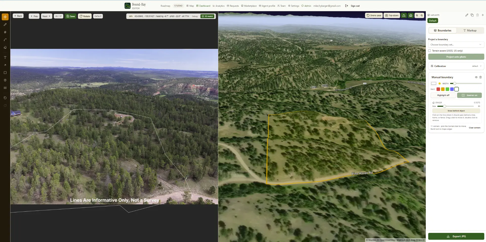 Studio view showing a drone photo with the parcel boundary projected onto it