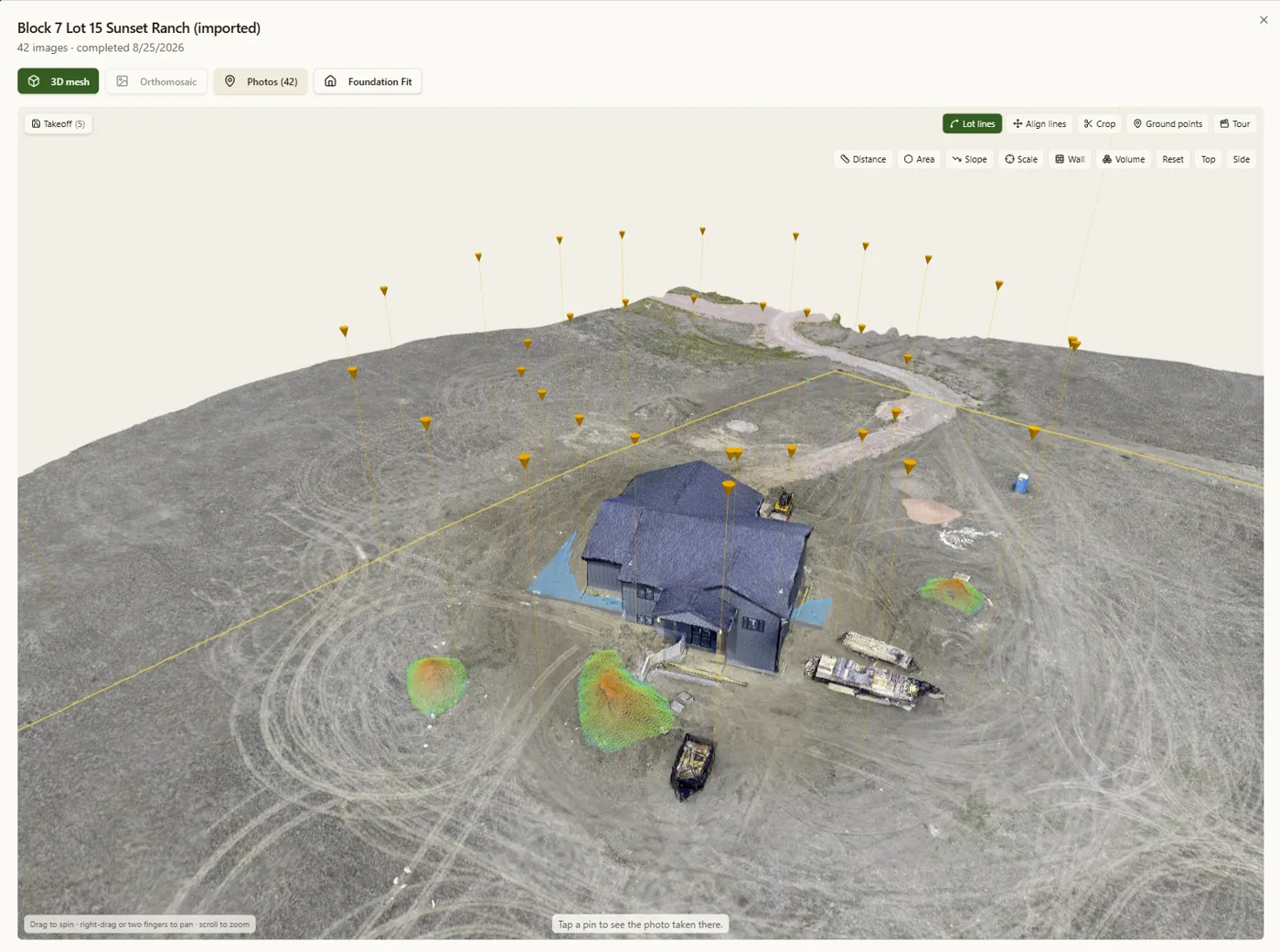 3D model with measurement tools, takeoffs, and photo pins on a construction site