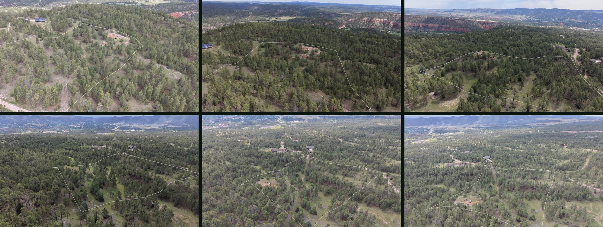 Six drone photos from one shoot, each with the property boundary drawn across the terrain