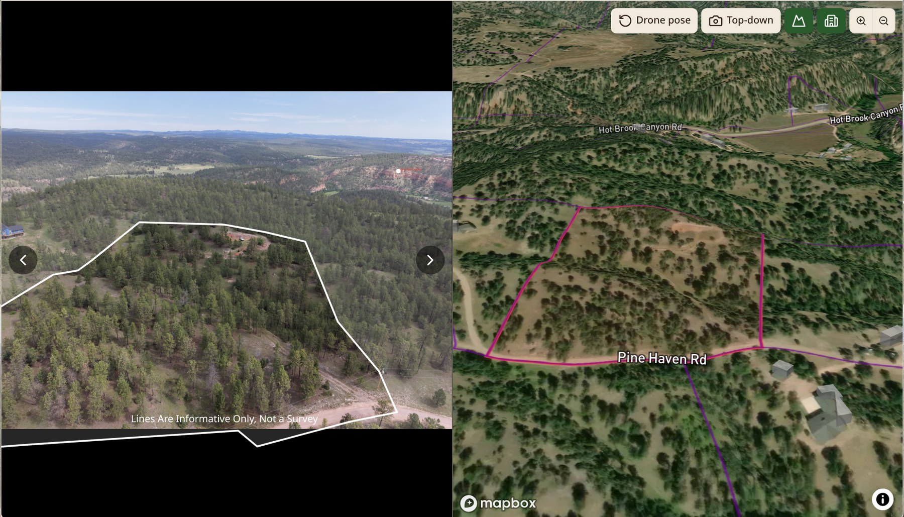Boundray lightbox showing a boundary-marked drone photo beside a matching 3D terrain view with parcel overlays
